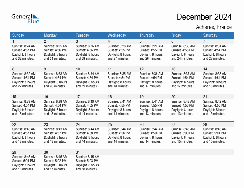 Acheres December 2024 sunrise and sunset calendar in PDF, Excel, and Word