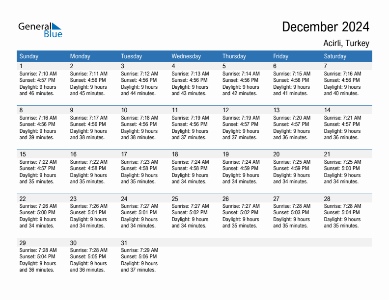 Acirli December 2024 sunrise and sunset calendar in PDF, Excel, and Word