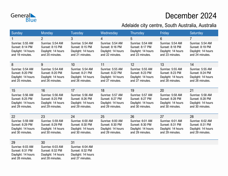 Adelaide city centre December 2024 sunrise and sunset calendar in PDF, Excel, and Word