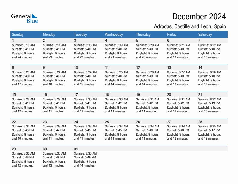 Adradas December 2024 sunrise and sunset calendar in PDF, Excel, and Word