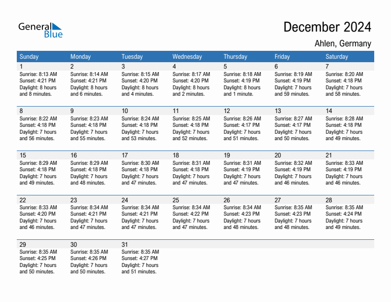 Ahlen December 2024 sunrise and sunset calendar in PDF, Excel, and Word