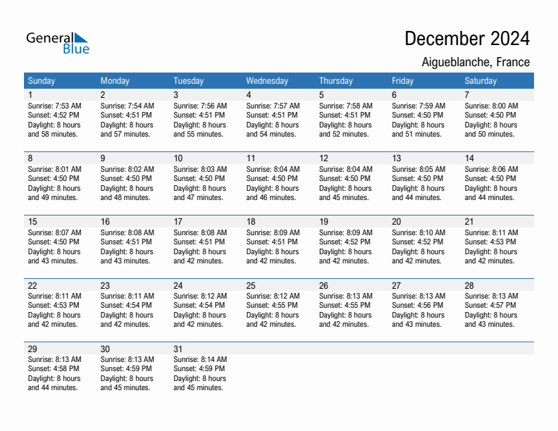 Aigueblanche December 2024 sunrise and sunset calendar in PDF, Excel, and Word