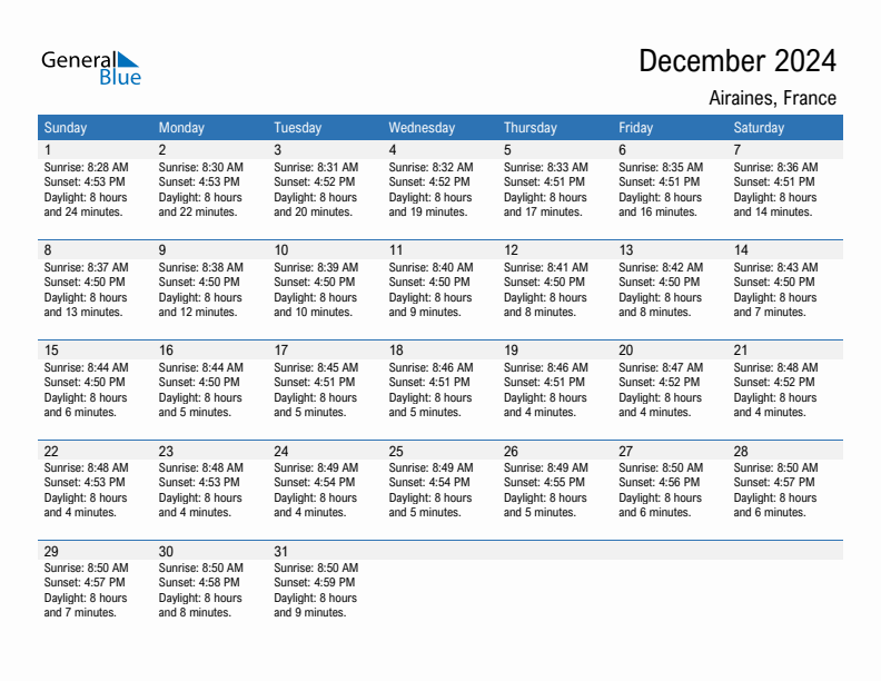 Airaines December 2024 sunrise and sunset calendar in PDF, Excel, and Word