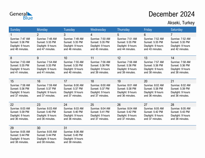 Akseki December 2024 sunrise and sunset calendar in PDF, Excel, and Word