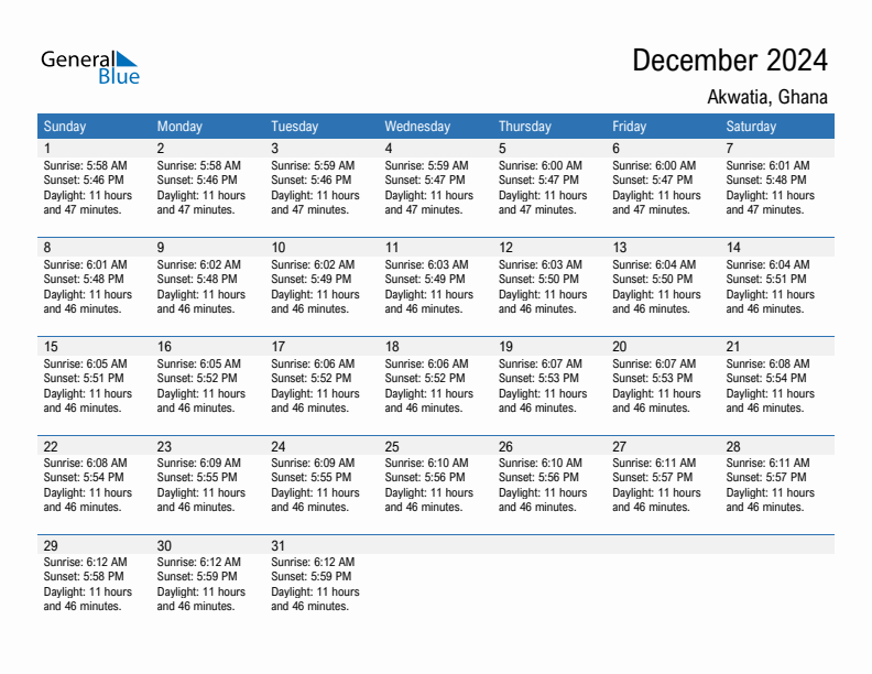 Akwatia December 2024 sunrise and sunset calendar in PDF, Excel, and Word