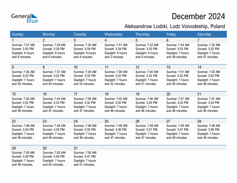 Aleksandrow Lodzki December 2024 sunrise and sunset calendar in PDF, Excel, and Word