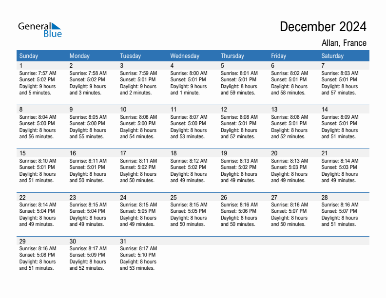 Allan December 2024 sunrise and sunset calendar in PDF, Excel, and Word