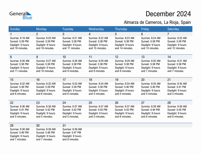 Almarza de Cameros December 2024 sunrise and sunset calendar in PDF, Excel, and Word