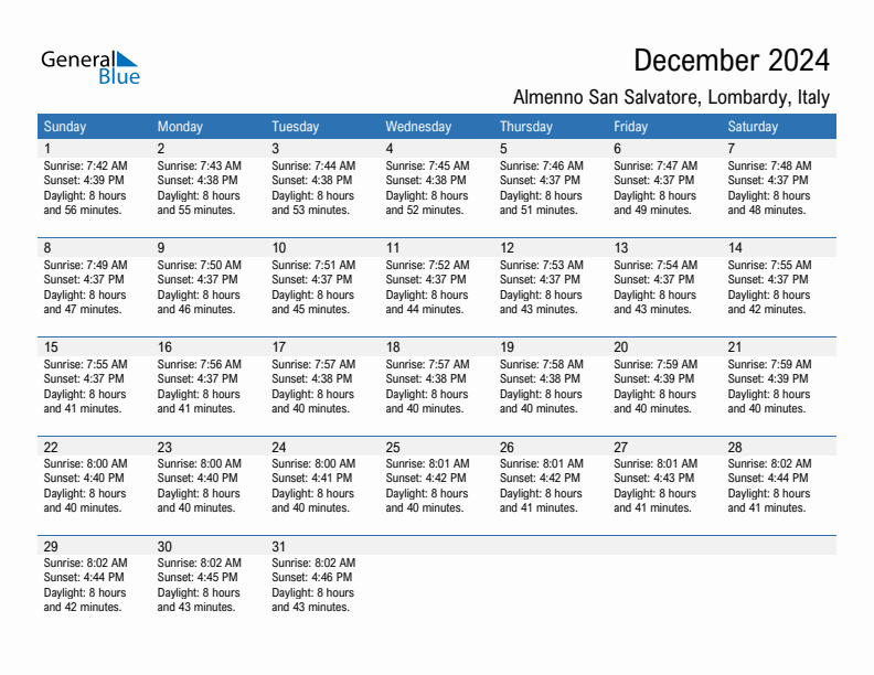 Almenno San Salvatore December 2024 sunrise and sunset calendar in PDF, Excel, and Word