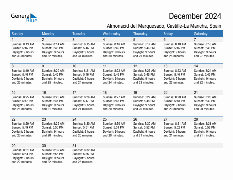 Almonacid del Marquesado December 2024 sunrise and sunset calendar in PDF, Excel, and Word