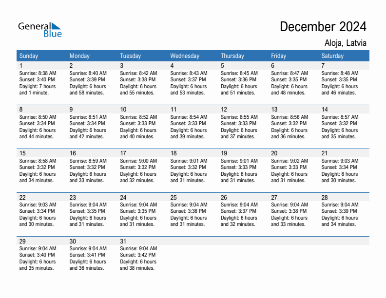 Aloja December 2024 sunrise and sunset calendar in PDF, Excel, and Word