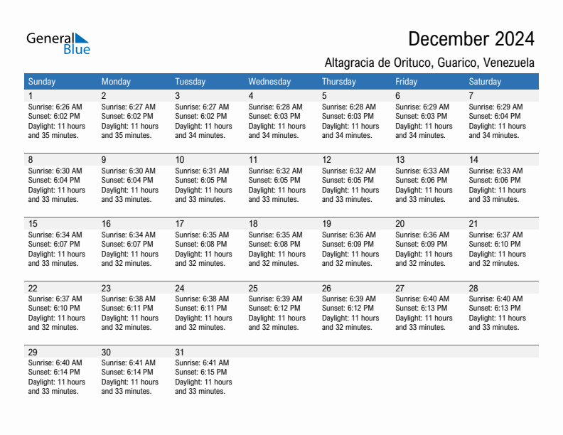 Altagracia de Orituco December 2024 sunrise and sunset calendar in PDF, Excel, and Word