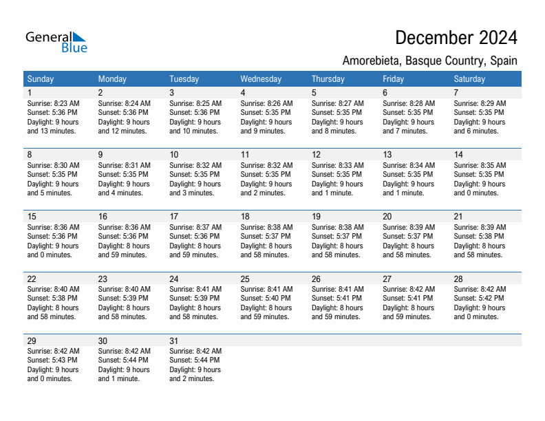 Amorebieta December 2024 sunrise and sunset calendar in PDF, Excel, and Word