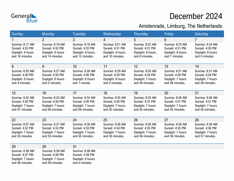 Amstenrade December 2024 sunrise and sunset calendar in PDF, Excel, and Word