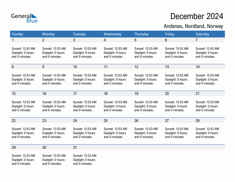 Andenes December 2024 sunrise and sunset calendar in PDF, Excel, and Word