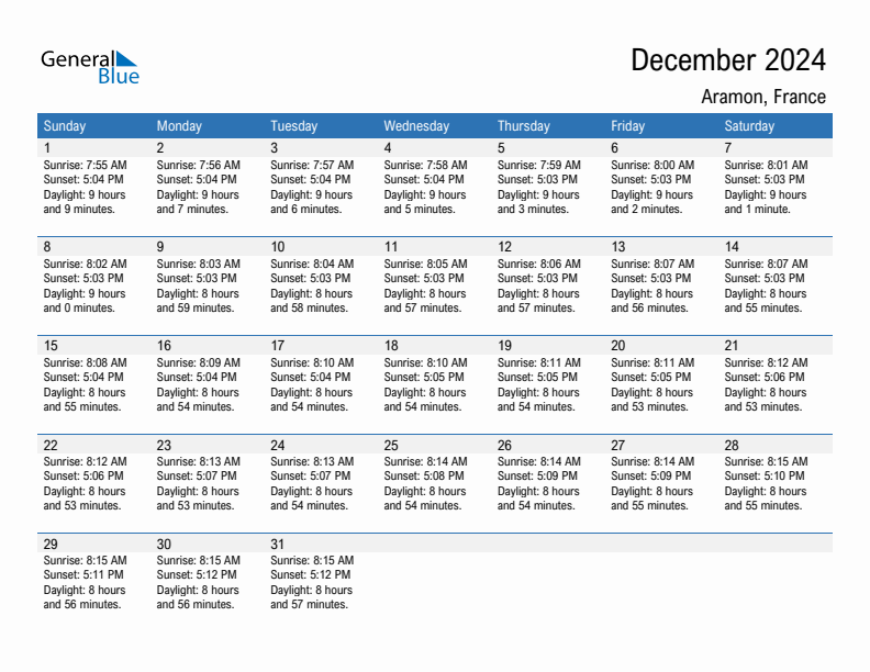 Aramon December 2024 sunrise and sunset calendar in PDF, Excel, and Word