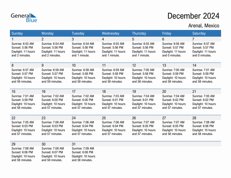 Arenal December 2024 sunrise and sunset calendar in PDF, Excel, and Word