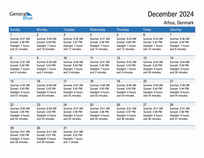 Arhus December 2024 sunrise and sunset calendar in PDF, Excel, and Word