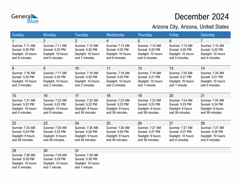 Arizona City December 2024 sunrise and sunset calendar in PDF, Excel, and Word