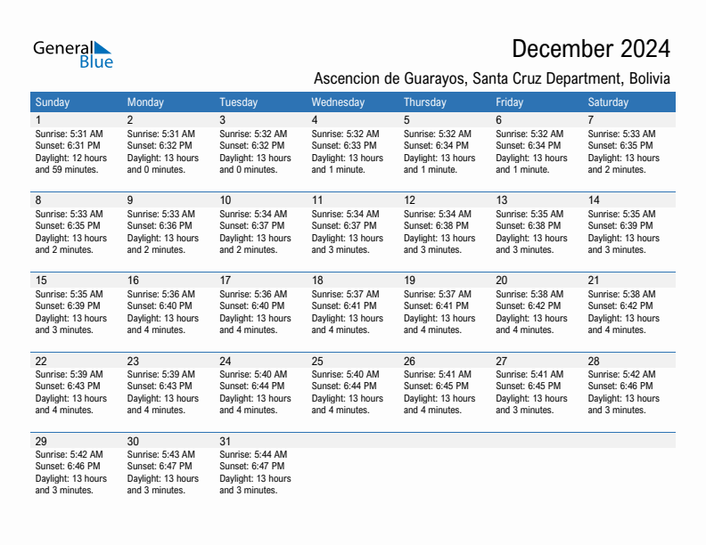 Ascencion de Guarayos December 2024 sunrise and sunset calendar in PDF, Excel, and Word