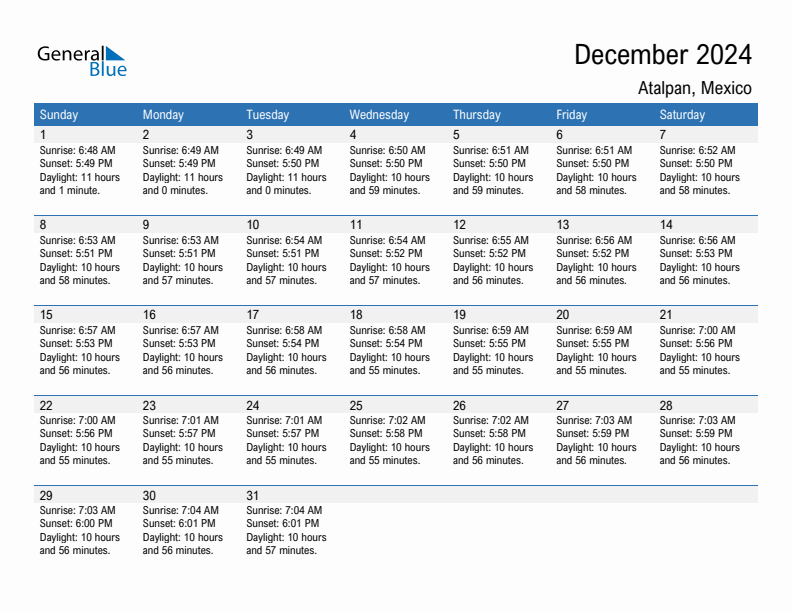 Atalpan December 2024 sunrise and sunset calendar in PDF, Excel, and Word