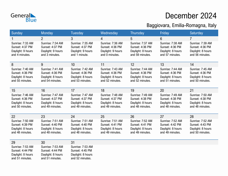 Baggiovara December 2024 sunrise and sunset calendar in PDF, Excel, and Word