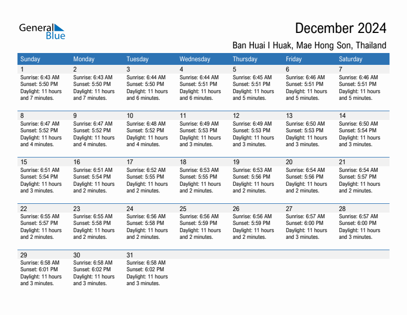 Ban Huai I Huak December 2024 sunrise and sunset calendar in PDF, Excel, and Word