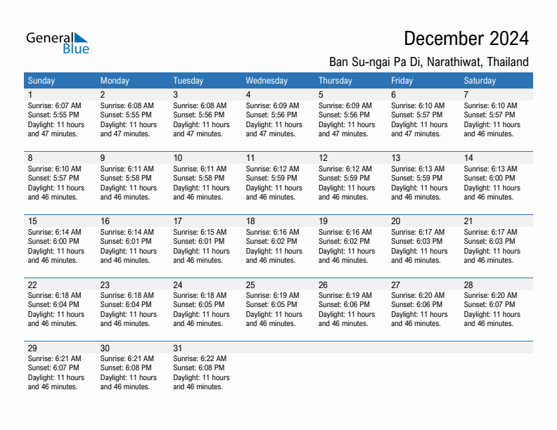 Ban Su-ngai Pa Di December 2024 sunrise and sunset calendar in PDF, Excel, and Word