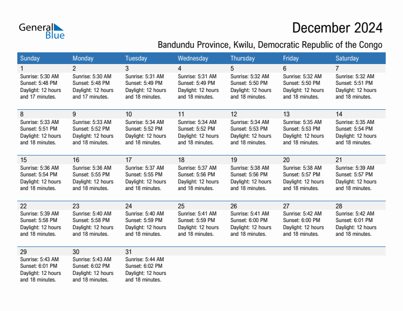 Bandundu Province December 2024 sunrise and sunset calendar in PDF, Excel, and Word