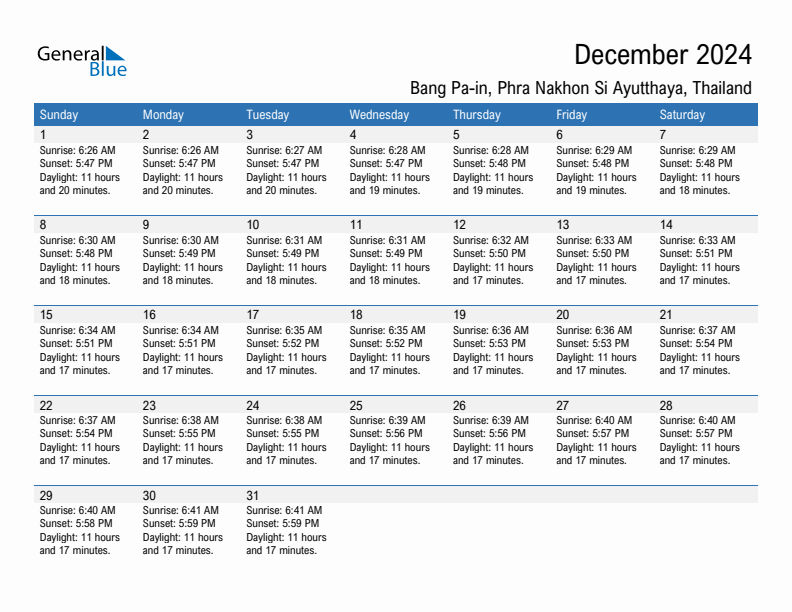 Bang Pa-in December 2024 sunrise and sunset calendar in PDF, Excel, and Word