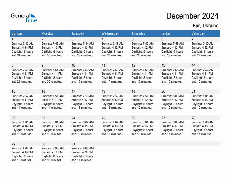 Bar December 2024 sunrise and sunset calendar in PDF, Excel, and Word