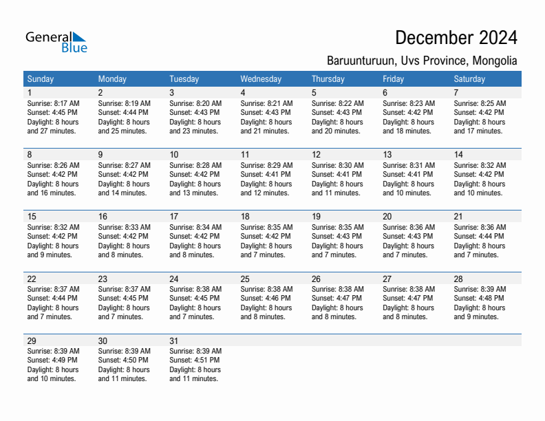 Baruunturuun December 2024 sunrise and sunset calendar in PDF, Excel, and Word