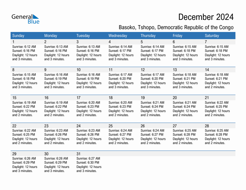 Basoko December 2024 sunrise and sunset calendar in PDF, Excel, and Word