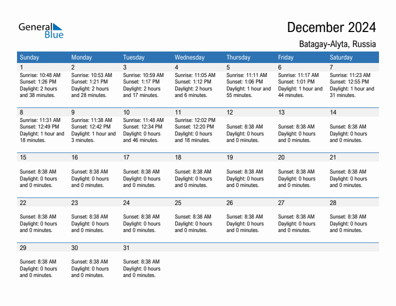 Batagay-Alyta December 2024 sunrise and sunset calendar in PDF, Excel, and Word