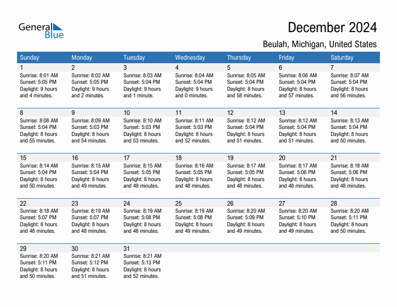 Beulah December 2024 sunrise and sunset calendar in PDF, Excel, and Word