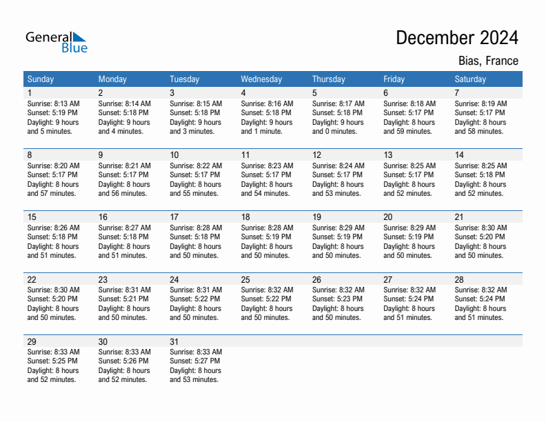 Bias December 2024 sunrise and sunset calendar in PDF, Excel, and Word