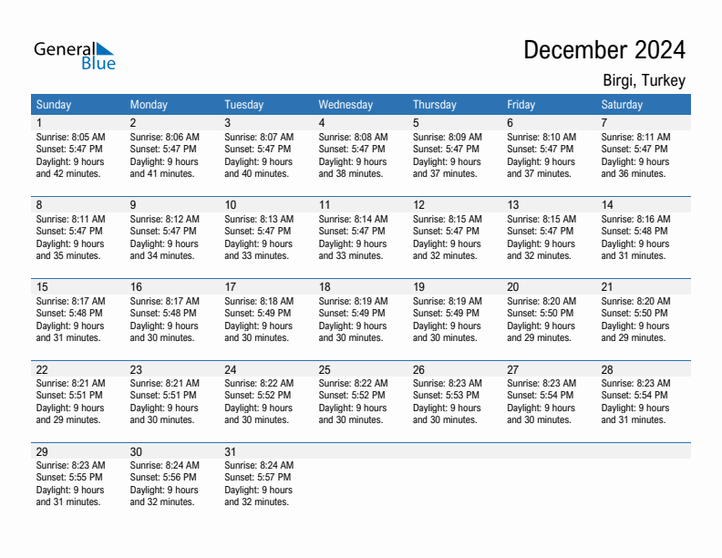 Birgi December 2024 sunrise and sunset calendar in PDF, Excel, and Word