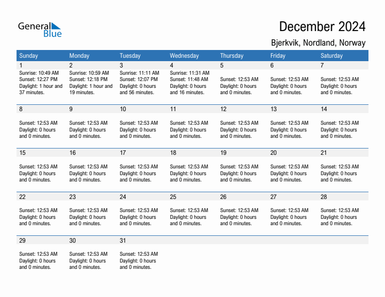 Bjerkvik December 2024 sunrise and sunset calendar in PDF, Excel, and Word