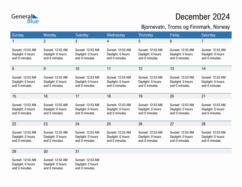 Bjornevatn December 2024 sunrise and sunset calendar in PDF, Excel, and Word