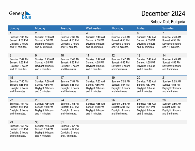 Bobov Dol December 2024 sunrise and sunset calendar in PDF, Excel, and Word