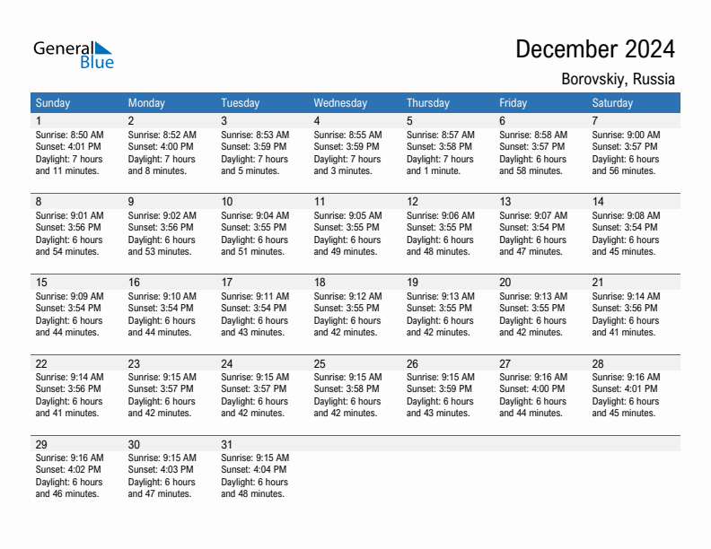 Borovskiy December 2024 sunrise and sunset calendar in PDF, Excel, and Word