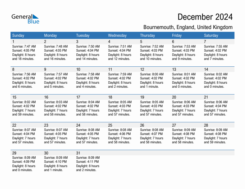 Bournemouth December 2024 sunrise and sunset calendar in PDF, Excel, and Word