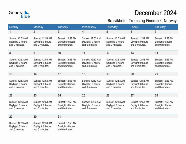 Breivikbotn December 2024 sunrise and sunset calendar in PDF, Excel, and Word