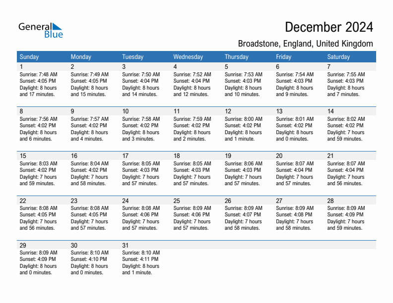 Broadstone December 2024 sunrise and sunset calendar in PDF, Excel, and Word