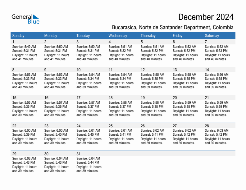 Bucarasica December 2024 sunrise and sunset calendar in PDF, Excel, and Word