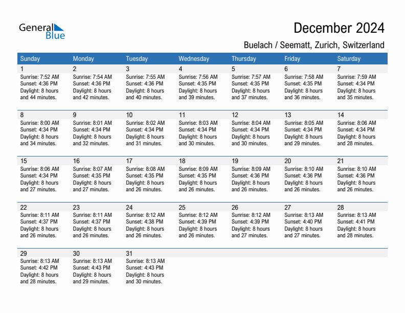 Buelach / Seematt December 2024 sunrise and sunset calendar in PDF, Excel, and Word