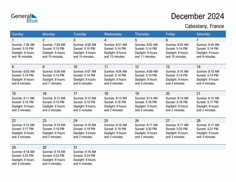 Cabestany December 2024 sunrise and sunset calendar in PDF, Excel, and Word