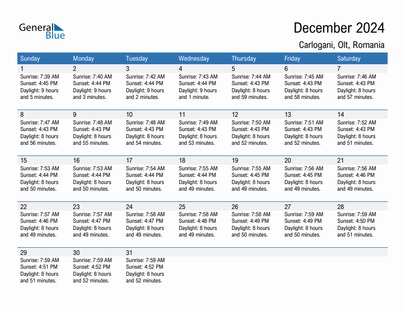 Carlogani December 2024 sunrise and sunset calendar in PDF, Excel, and Word