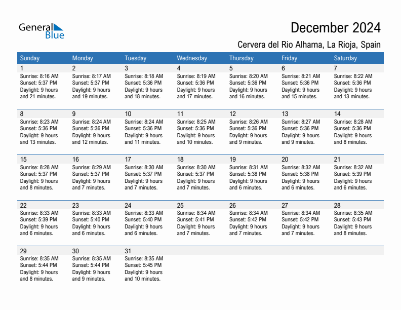 Cervera del Rio Alhama December 2024 sunrise and sunset calendar in PDF, Excel, and Word