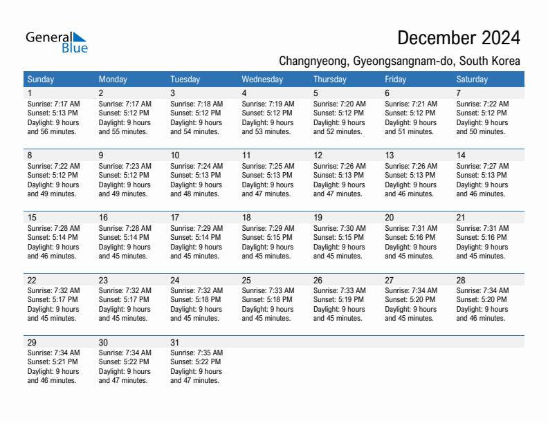 Changnyeong December 2024 sunrise and sunset calendar in PDF, Excel, and Word